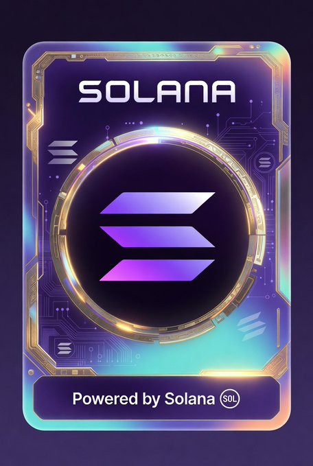 A holographic-style digital trading card featuring the Solana logo, with 'SOLANA' displayed at the top and 'Powered by Solana SOL' banner at the bottom.