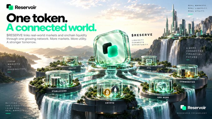 Reservoir cryptocurrency advertisement with the tagline 'One token. A connected world,' showing a futuristic landscape with islands labeled Stablecoins, Crypto, NFTs, and Commodities connected by a flowing river.
