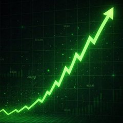 A glowing green arrow points sharply upward against a dark grid background, symbolizing rising stocks or growth.
