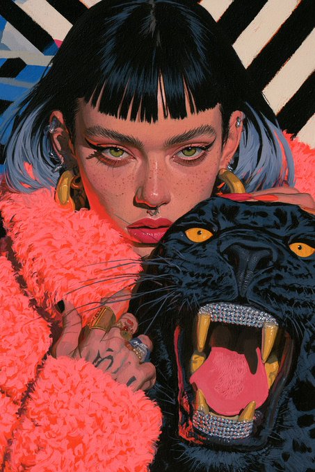 A stylized illustration features a woman with black hair and a nose ring wearing a fluffy orange coat, embracing a snarling black panther with bared teeth.
