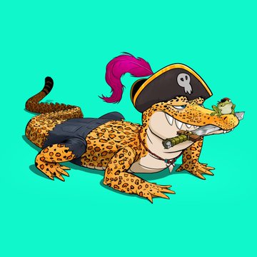 A cartoon illustration of a leopard-headed crocodile wearing a pirate hat with a pink feather, a black vest, and holding a sword and a small green frog in its mouth against a teal background.