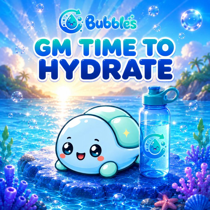 A colorful, cartoon-style promotional graphic reads 'Bubbles GM TIME TO HYDRATE' above a smiling, round turtle character sitting beside a branded water bottle in a tropical ocean setting.
