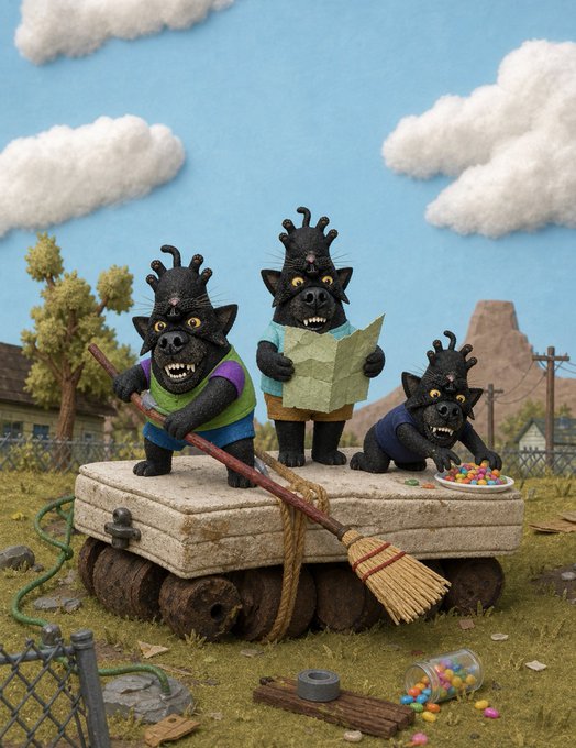 Three black, wild-haired creatures with fierce grins stand atop a suitcase-like platform, holding a broom and a map, with colorful candy beads scattered around them—a whimsical, stop-motion-style scene that humorously personifies "cog holders" as mischievous, cartoonish characters preparing for an adventure.