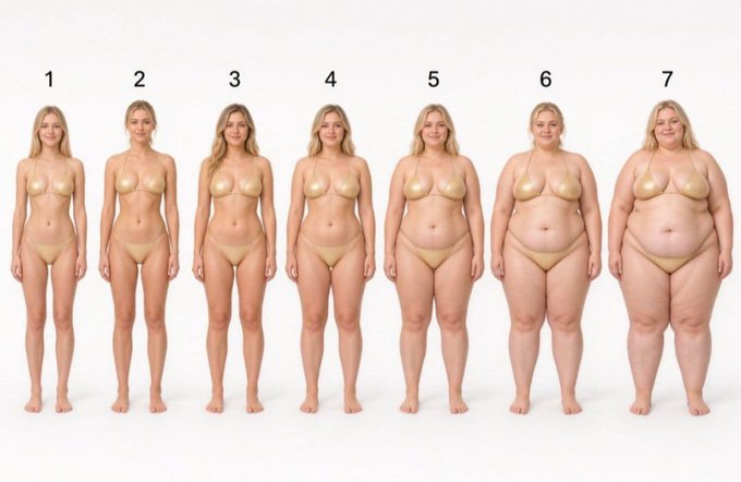 This image displays seven women, labeled 1 through 7, showcasing different body types in gold bikinis, directly illustrating the options referenced in the accompanying post.