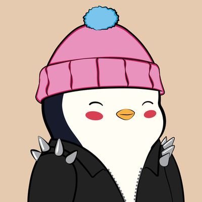 A cartoon illustration of a cute penguin character wearing a pink beanie with a blue pom-pom and a black studded jacket.