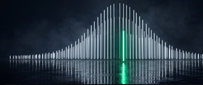 A 3D equalizer-style chart of glowing vertical bars in a misty dark setting, with two bars highlighted in green at the peak, symbolizing standout performance or capital growth—mirroring the post's message about AgenticsCredit leveling the trading field by emphasizing skill over wallet size.