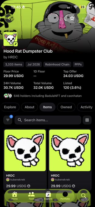 A screenshot of the "Hood Rat Dumpster Club" NFT collection by HRDC on Robinhood Chain shows 3,333 items with a floor price of 29.99 USDG, displaying two pixel art white cat PFPs (HRDC) listed at 29.99 USDG each, suggesting the buyer purchased the NFT at a lower price of 14 USDG before the current floor value.