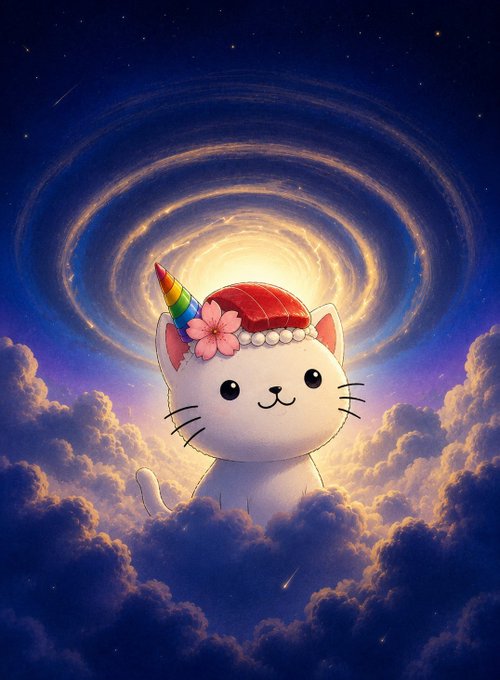 A whimsical illustration features a cute white cat with a rainbow unicorn horn and a flower crown, floating among clouds beneath a glowing celestial swirl in the night sky.