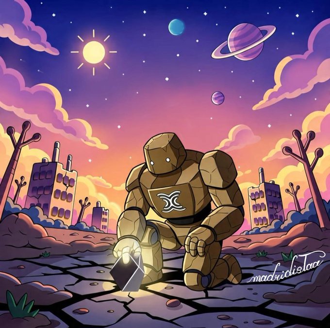 A digital illustration of a large stone-like golem kneeling in a cracked landscape under a starry sky with planets and a sun, holding a glowing crystal; the golem bears a chest symbol resembling the XRP logo, with the signature 'madridistaa' in the corner.