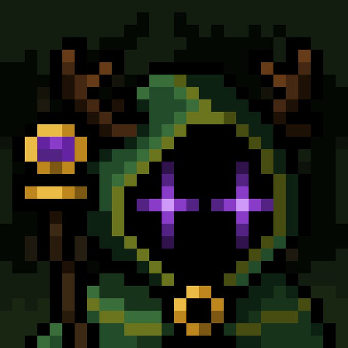 A pixel art mage-like figure with green robes, purple glowing eyes, and large antlers holds a golden staff, fitting the "Chain Mancers" NFT mint referenced in the post. The accompanying text highlights the free mint of 5,000 DOPE pixel art NFTs and mentions the $stonkbroker ecosystem, where activated NFTs earn 30% of protocol fees.