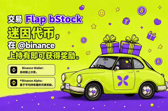 A promotional graphic in yellow and purple with Chinese text promoting 'Flap bStock' token trading on @binance, featuring a cartoon green car loaded with gift boxes and Binance coins, noting Binance Wallet auto-claim and Binance Alpha monthly rewards.