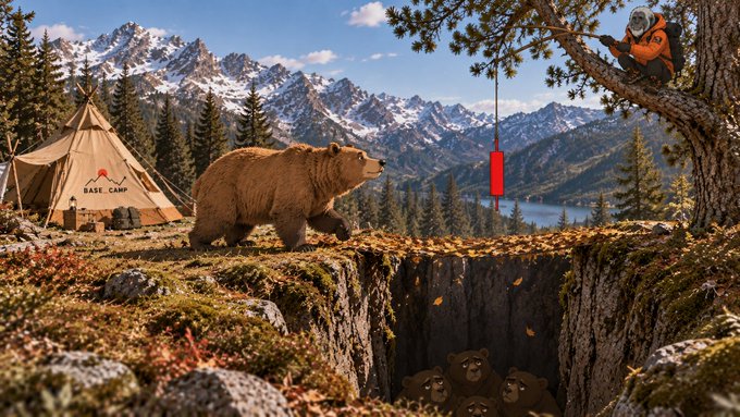 A person in an orange jacket in a tree lowers a red object on a string toward a large brown bear near a 'BASE CAMP' tent, while cubs wait in a pit below.