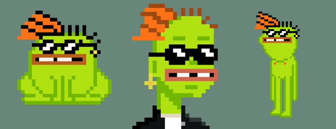 Three pixel-art depictions of a green frog character with orange hair are shown; the center figure wears black sunglasses and pants, while the side figures show different sprites of the same character.