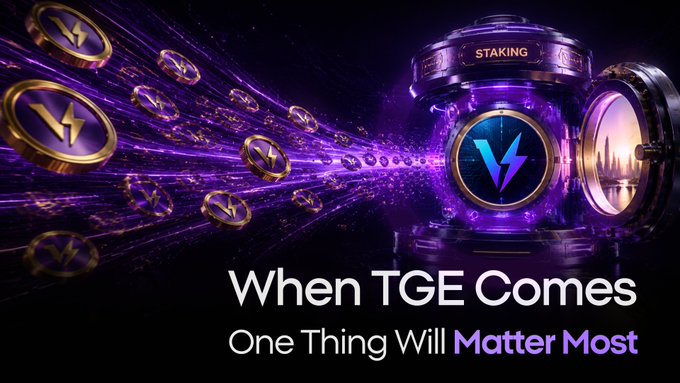 The image displays purple-themed cryptocurrency tokens flowing into a vault labeled "STAKING," featuring a "V" logo, with the caption "When TGE Comes, One Thing Will Matter Most," visually reinforcing the post's message that Verro's staking is a commitment system rather than a yield-earning feature ahead of their token generation event.