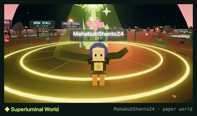 A Roblox screenshot showing a blocky character named 'MahabubShanto24' at level 7 standing in a glowing circle in a 'Superluminal World' lobby with BFBA and Prize stalls.