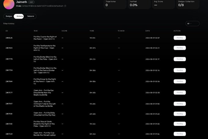 A dark-themed dashboard interface displays a history of tasks or records with columns for ID, Title, Time, and Date.
