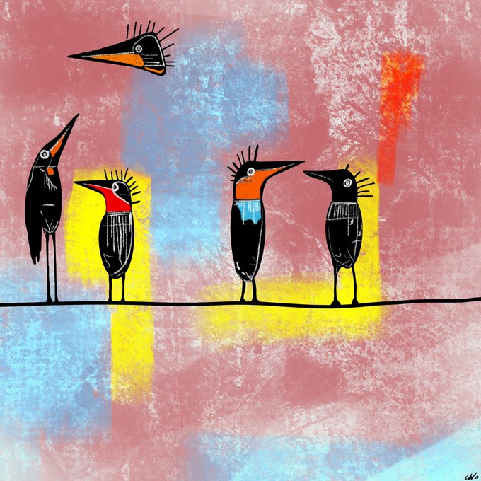 A colorful, stylized painting featuring five black bird-like figures with orange beaks and spiky head feathers standing on a line, with a bird head floating above them against a textured pink and blue background.