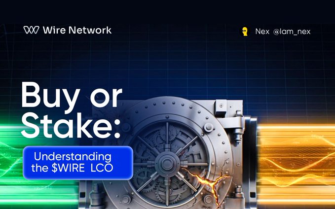 A promotional graphic for Wire Network featuring a vault and the text "Buy or Stake: Understanding the $WIRE LCO."