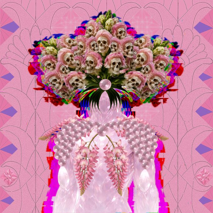 A surreal digital artwork features a bust adorned with elaborate jewelry and a headdress composed of pink flowers and human skulls against a patterned pink background.