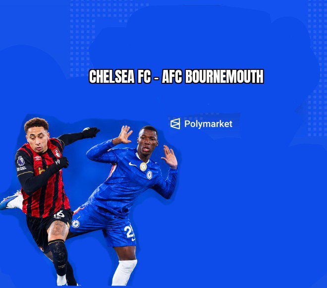 A promotional graphic for a Chelsea FC vs AFC Bournemouth football match featuring two players, one in Chelsea's blue kit and another in Bournemouth's red and black striped kit, with the Polymarket logo displayed.