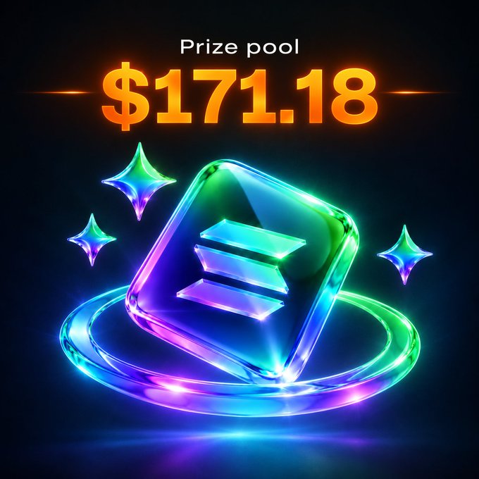 A glowing graphic displays 'Prize pool $171.18' in orange text above a luminous, multi-colored cube icon surrounded by sparkling stars.