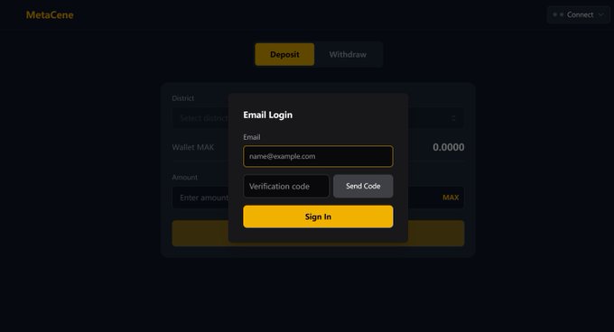 A "MetaCene" login interface displays an Email Login modal with fields for an email (name@example.com), a verification code, and a yellow "Sign In" button, overlaid on a Deposit/Withdraw screen for a wallet. This supports the announcement of METACENE's new on-chain and off-chain system by showing the official wallet login portal where players can manage their assets, such as exchanging MAK for Luminite.