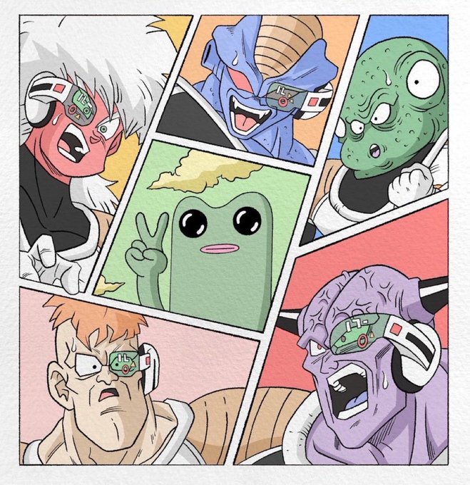 An illustration styled like a Dragon Ball Z manga panel featuring five members of the Ginyu Force in their scouter helmets, with a green, peace-sign-giving creature in the center.