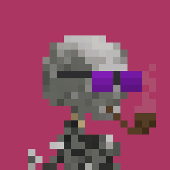 A pixel art illustration depicts a grey armored character with a purple visor holding a smoking pipe against a bright pink background.