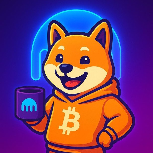 A cheerful cartoon Shiba Inu wearing headphones and an orange Bitcoin hoodie holds a purple mug featuring the Kraken logo. The image illustrates the social media post "$DOG @LeonidasNFT" by combining popular crypto and exchange branding (Bitcoin, Kraken, Dogecoin-style mascot) into a playful mascot character.