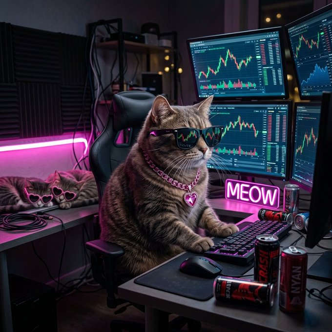 A tabby cat wearing sunglasses and a pink gem necklace sits at a gaming/computer desk with stock charts on multiple monitors, a 'MEOW' neon sign, and energy drink cans nearby, with another cat sleeping in the background.
