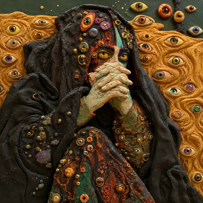 A surreal, heavily textured artwork depicting a hooded figure with hands clasped over the mouth, surrounded by numerous sculpted eyes against a golden background.