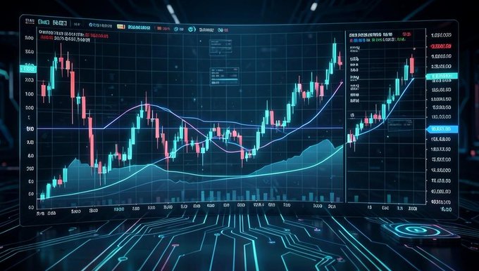 A financial trading interface displays candlestick charts with green and red bars, moving average lines, and numerical data against a blue background with circuit board graphics at the bottom.