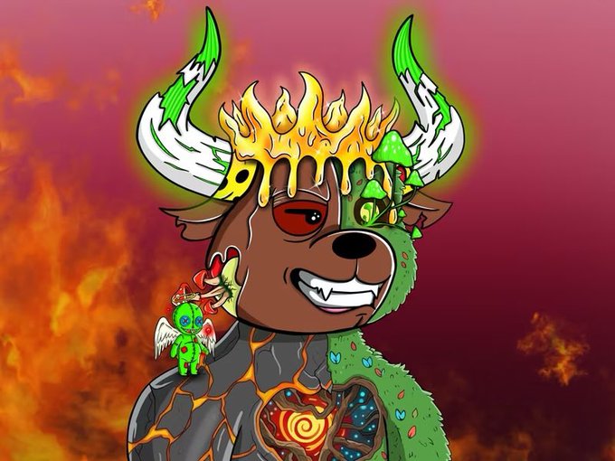 A cartoon bear-like character with a flame crown, green and lava-textured body, and small winged creatures is set against a fiery red and orange background.