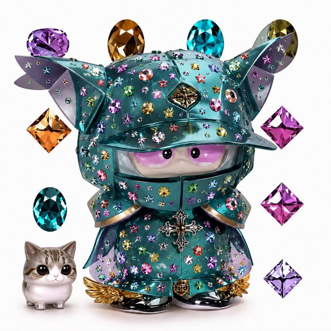 A jewel-encrusted teal knight figurine with a cute smiling face peeking through the visor, adorned with colorful gemstones, stars, a cross pendant, and golden wings, accompanied by a small gray cat figurine.