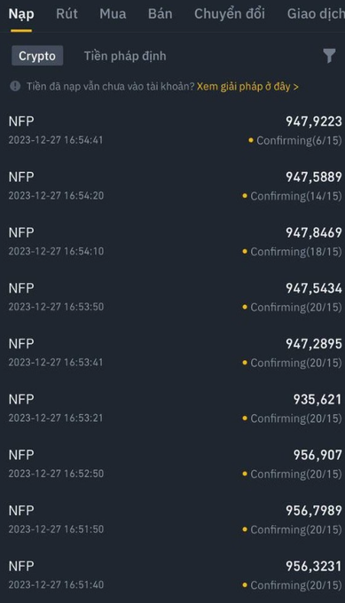 A Binance interface showing the "Nạp" (Deposit) history tab with multiple NFP token deposits, each showing amounts ranging from ~935,621 to 956,907 tokens with confirmation statuses, illustrating the daily check-in and deposit pattern referenced in the post about grinding the NFP airdrop for roughly 6 months (180 days).