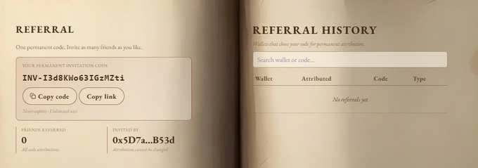 A screenshot of a referral page displays a permanent invitation code 'INV-I3d8KWe63IGzMZt1' alongside an empty referral history showing 'No referrals yet'.