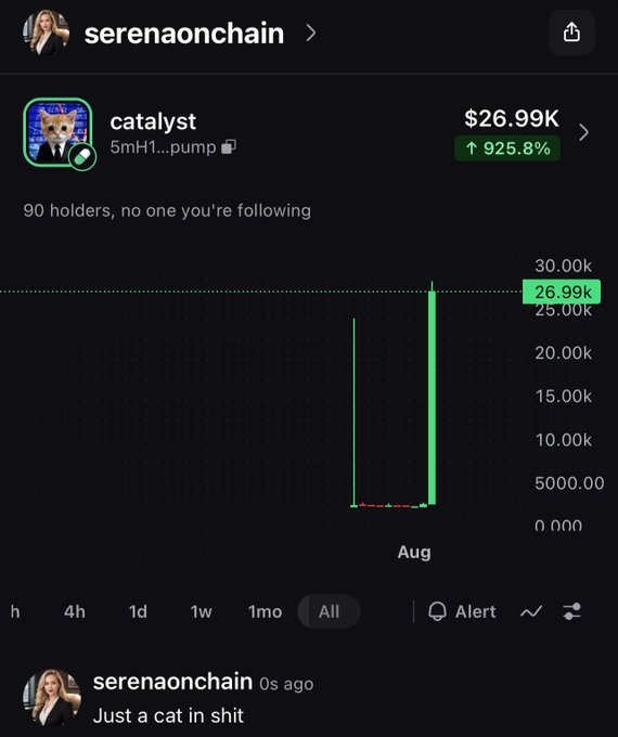 The image shows a social media post by user "serenaonchain" displaying a memecoin called "catalyst" with the contract address starting "5mH1..." that surged 925.8% to reach a $26.99K market cap with only 90 holders, captioned "Just a cat in shit." The post highlights her success as a top memecoin trader by showcasing one of her profitable picks.