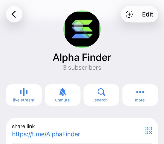 A screenshot of the Telegram channel “Alpha Finder,” showing 3 subscribers and a share link at “https://t.me/AlphaFinder,” alongside live stream, unmute, search, and more controls. It introduces the newly launched channel where the user plans to share research finds and trading calls first on Telegram before posting to X.