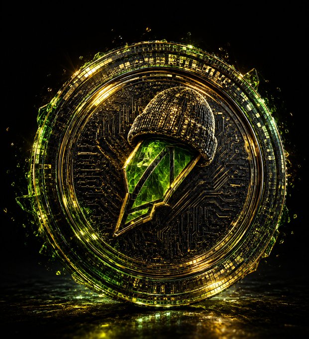 A digital artwork depicting a glowing golden and green circular emblem with a hooded figure revealing a faceted green crystal, resembling a cryptocurrency or token symbol.