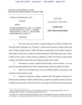 A legal document from the United States District Court for the Southern District of New York titled "CONDUENT TECHNOLOGY, INC., Plaintiff, v. TETHER & a. TETHER INTERNATIONAL S.A. et al.," stating "JURY TRIAL DEMANDED."