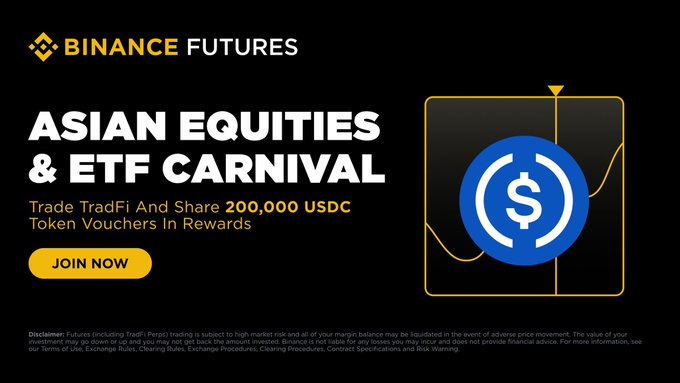 The image is a Binance Futures promotional banner for the "Asian Equities & ETF Carnival" campaign, featuring the Binance Futures logo, a stylized dollar sign graphic, and a "Join Now" call-to-action button. It advertises up to 200,000 USDC in token voucher rewards for trading TradFi, directly matching the post's announcement about the event and prize pool.