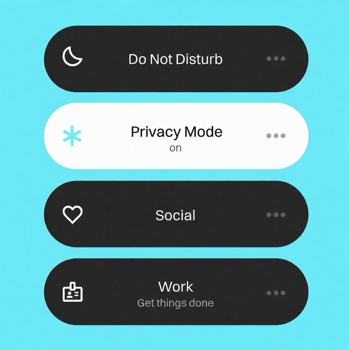 A mobile app interface displays focus mode options including "Do Not Disturb," "Privacy Mode on," "Social," and "Work - Get things done" on a turquoise background.
