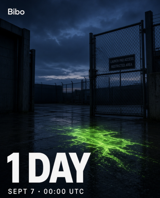 A promotional graphic for 'Bibo' features a dark, moody scene of a chain-link fence and a gate labeled 'LAUNCH PAD ACCESS RESTRICTED AREA'. Glowing green liquid spreads across the cracked ground, with large text reading '1 DAY' and 'SEPT 7 • 00:00 UTC'.