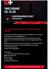 A digital advertisement displays 'TIMES SQUARE' and '06.10.26' alongside '#SUPERCHARGED COURT @EXP15', describing a basketball tournament event with details about event dates and follow instructions visible below.