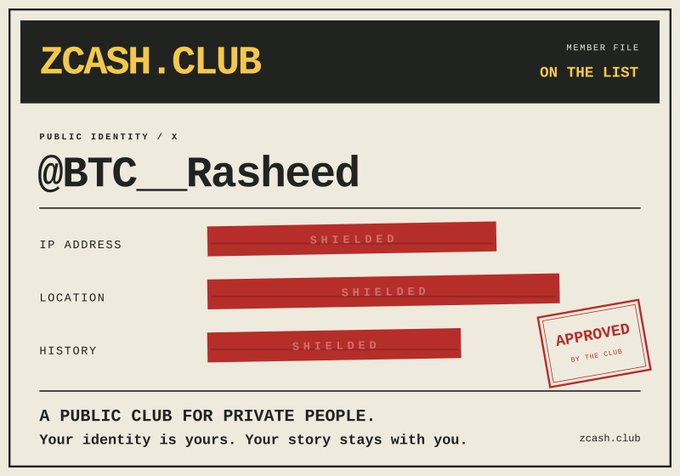 A ZCASH.CLUB member file card displays "@BTC__Rasheed" as a public identity with IP address, location, and history all marked as "SHIELDED" in red, accompanied by an "APPROVED BY THE CLUB" stamp.