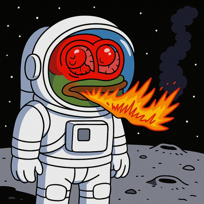 A Pepe the Frog cartoon dressed as an astronaut on the moon, exhaling fire from his mouth with smoke rising into a starry black sky.