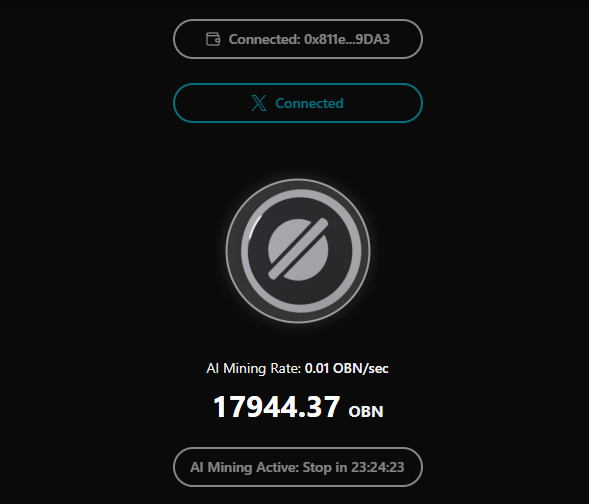 The image shows a connected mining dashboard for the Orbition (OBN) airdrop, displaying a wallet address (0x811e...9DA3), a mining rate of 0.01 OBN/sec, and a current balance of 17,944.37 OBN with a countdown showing AI mining will stop in 23:24:23. This aligns with the post, which highlights how easy it is to earn Orbition airdrop points by simply mining once every 24 hours and leaving it running.