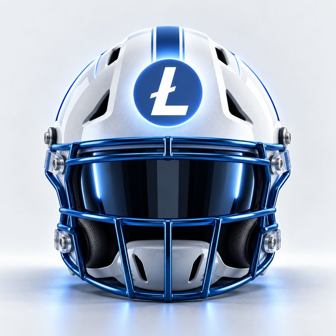 A futuristic white and blue football helmet featuring a stylized "L" logo with a blue circular emblem is prominently displayed. The image visually ties into the post's "Crypto Bowl" fantasy football league announcement, symbolizing competition among crypto brands.