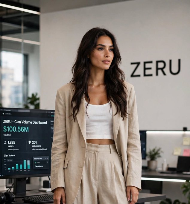 A woman in a tan blazer and white top stands in an office with 'ZERU' on the wall behind her; a computer monitor displays a 'ZERU - Clan Volume Dashboard' showing '$100.56M traded', '1,825 traders', and '201 active clans'.