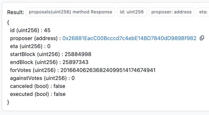 A code snippet showing the response of a proposals(uint256) method on a smart contract, displaying details such as id: 45, proposer address, startBlock: 25884998, and endBlock: 25897343.